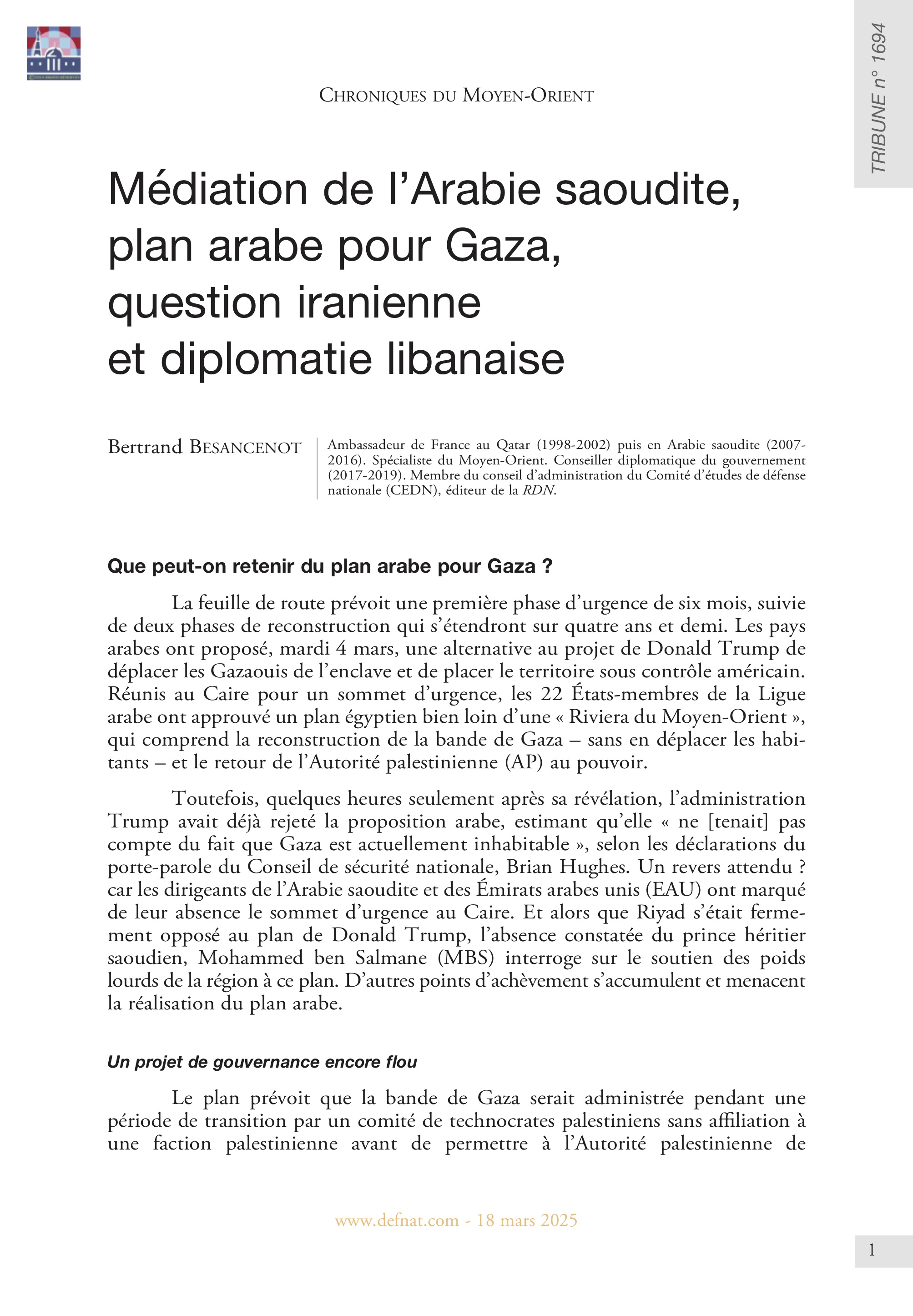 Chroniques du Moyen-Orient – Médiation de l’Arabie saoudite, plan arabe pour Gaza, question iranienne et diplomatie libanaise (T 1694)
